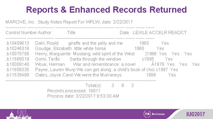 Reports & Enhanced Records Returned MARCIVE, Inc. Study Notes Report For WPLW, date: 2/22/2017