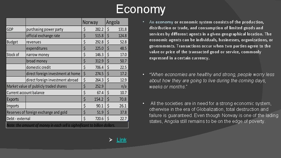 Economy Ø Link • An economy or economic system consists of the production, distribution