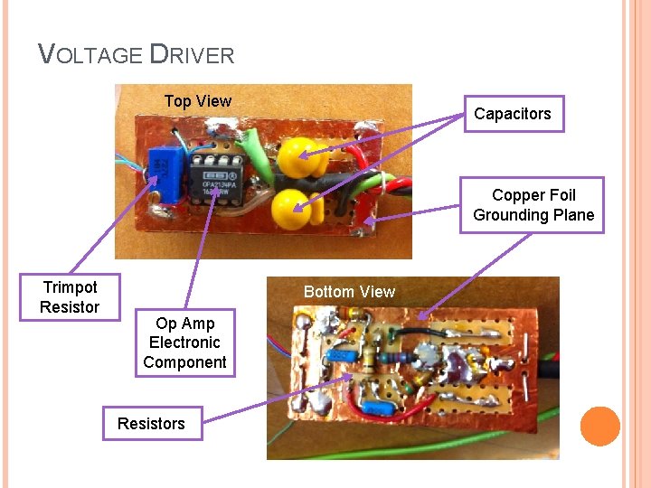 VOLTAGE DRIVER Top View Capacitors Copper Foil Grounding Plane Trimpot Resistor Bottom View Op