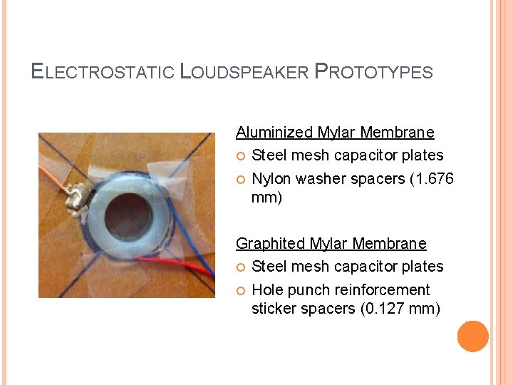 ELECTROSTATIC LOUDSPEAKER PROTOTYPES Aluminized Mylar Membrane Steel mesh capacitor plates Nylon washer spacers (1.