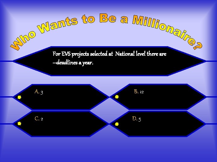 For EVS projects selected at National level there are --deadlines a year. A. 3