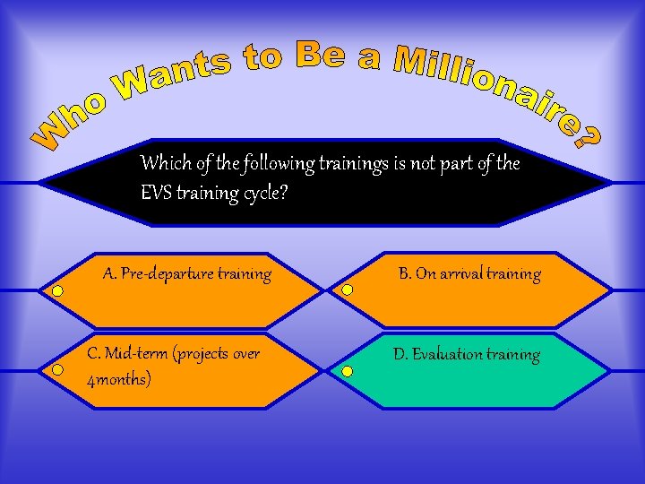 Which of the following trainings is not part of the EVS training cycle? A.