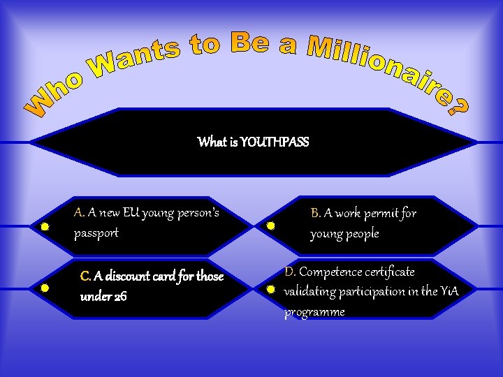 What is YOUTHPASS A. A new EU young person’s passport C. A discount card