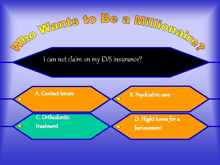 I can not claim on my EVS insurance? A. Contact lenses C. Orthodontic treatment