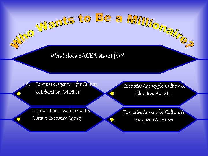 What does EACEA stand for? A. European Agency for Culture & Education Activities Executive