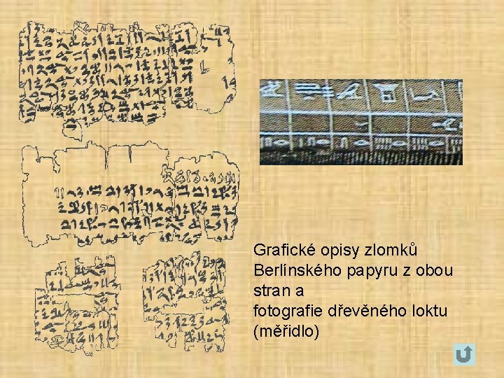 Grafické opisy zlomků Berlínského papyru z obou stran a fotografie dřevěného loktu (měřidlo) 