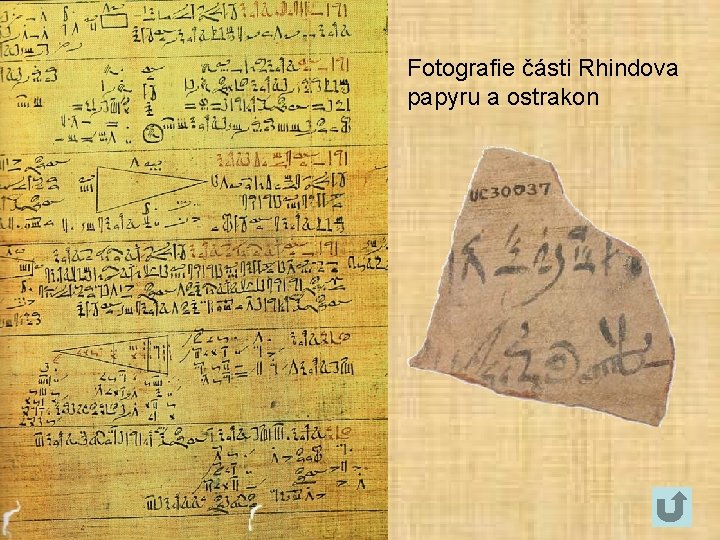 Fotografie části Rhindova papyru a ostrakon 