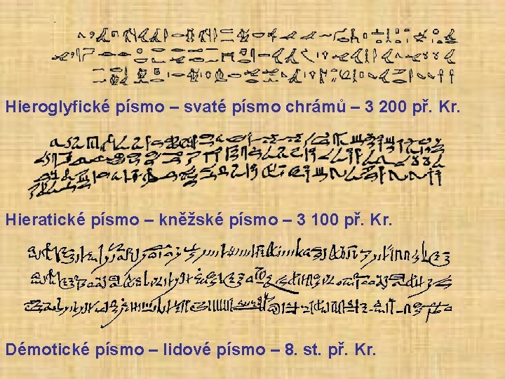Hieroglyfické písmo – svaté písmo chrámů – 3 200 př. Kr. Hieratické písmo –