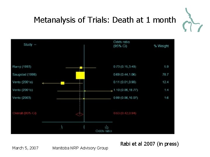 Metanalysis of Trials: Death at 1 month March 5, 2007 Manitoba NRP Advisory Group