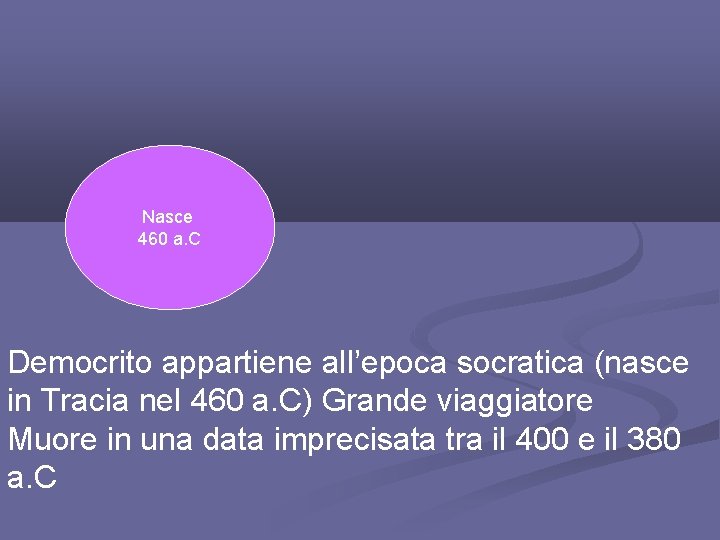 Nasce 460 a. C Democrito appartiene all’epoca socratica (nasce in Tracia nel 460 a.