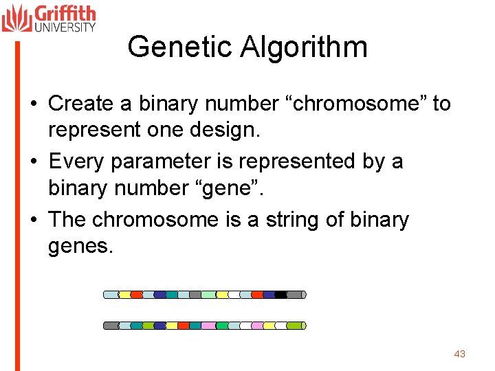 Genetic Algorithm • Create a binary number “chromosome” to represent one design. • Every