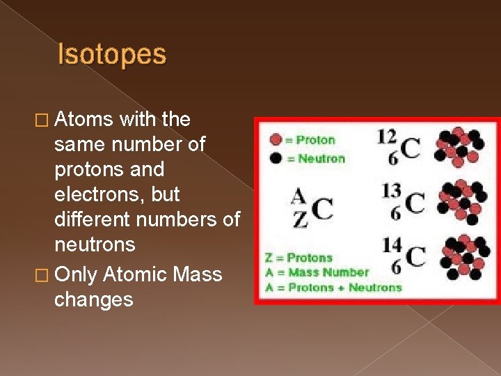 Isotopes � Atoms with the same number of protons and electrons, but different numbers