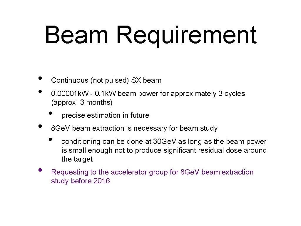 Beam Requirement • • Continuous (not pulsed) SX beam 0. 00001 k. W -