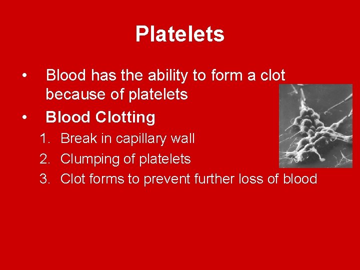 Platelets • • Blood has the ability to form a clot because of platelets