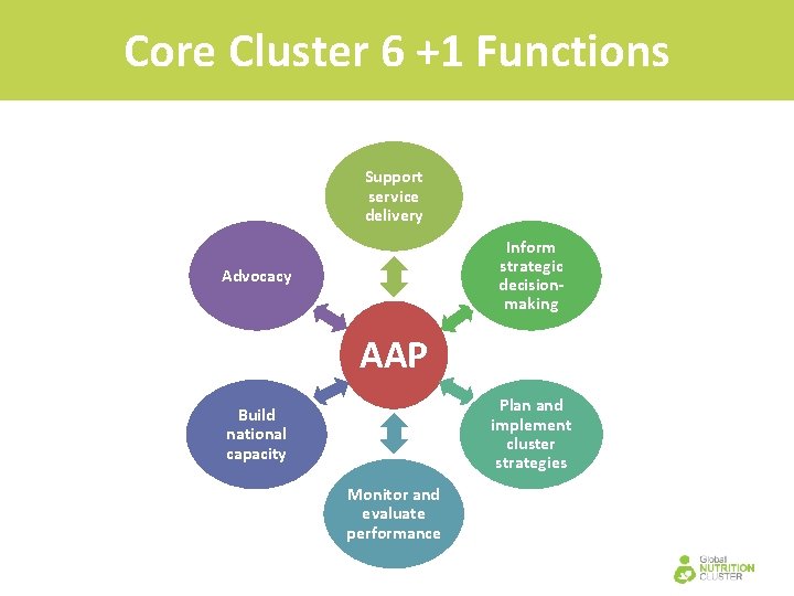 Core Cluster 6 +1 Functions Support service delivery Inform strategic decisionmaking Advocacy AAP Plan