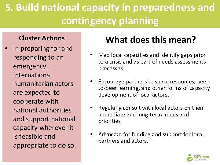 5. Build national capacity in preparedness and contingency planning Cluster Actions • In preparing