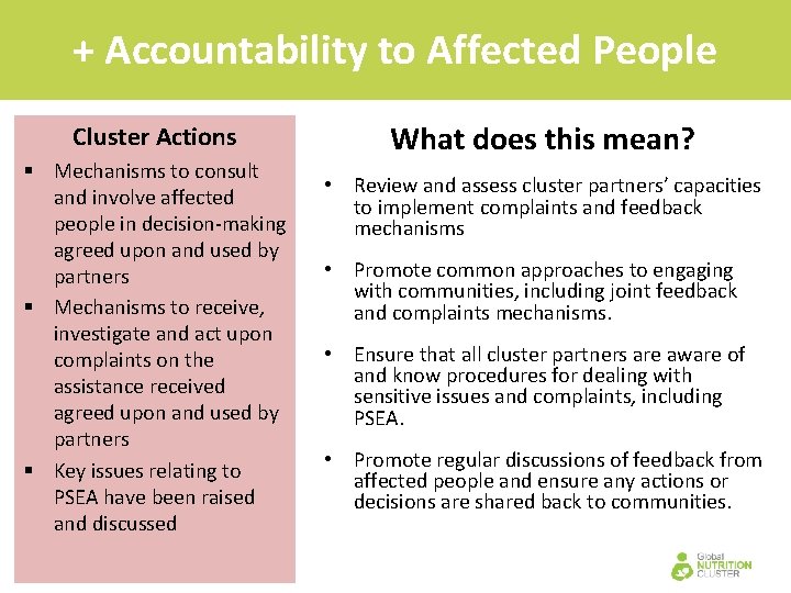 + Accountability to Affected People Cluster Actions § Mechanisms to consult and involve affected
