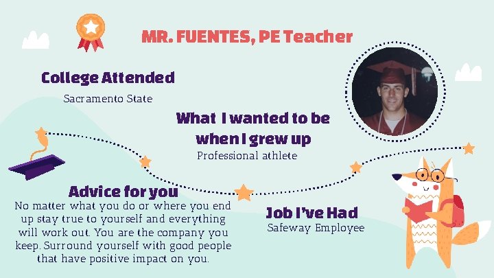 MR. FUENTES, PE Teacher College Attended Sacramento State What I wanted to be when