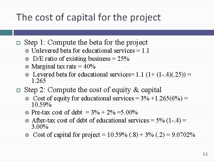 The cost of capital for the project Step 1: Compute the beta for the