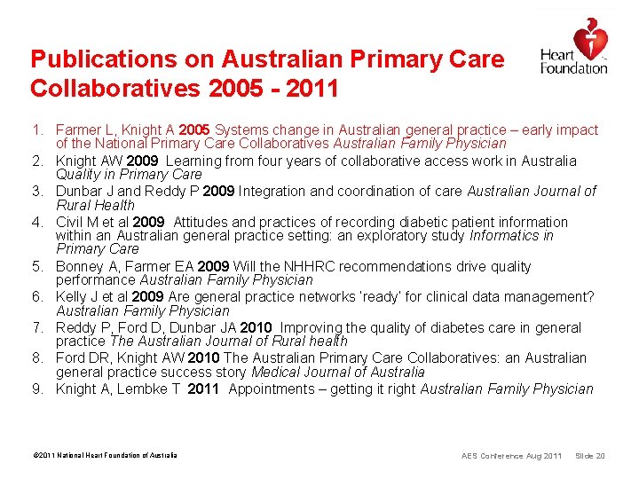 Publications on Australian Primary Care Collaboratives 2005 - 2011 1. Farmer L, Knight A Publications on Australian Primary Care Collaboratives 2005 - 2011 1. Farmer L, Knight A