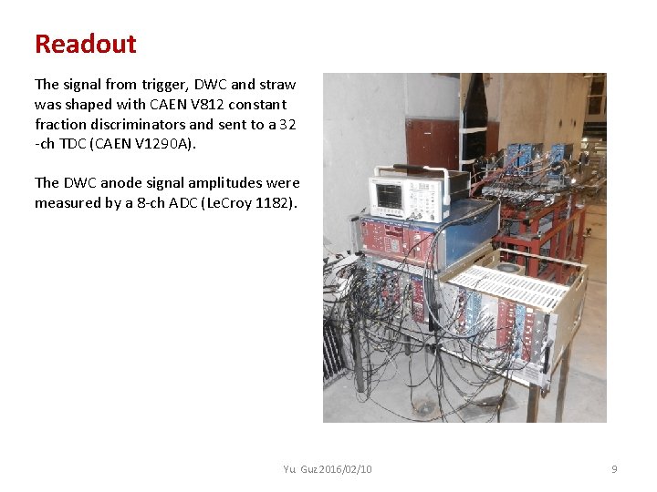 Readout The signal from trigger, DWC and straw was shaped with CAEN V 812