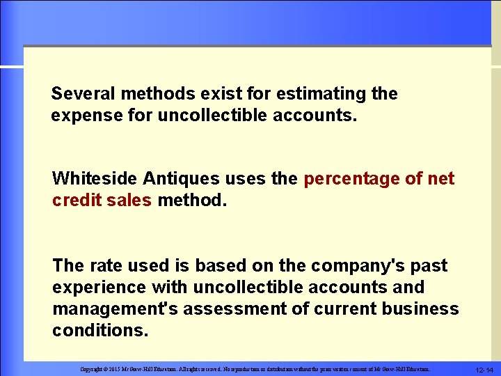 Several methods exist for estimating the expense for uncollectible accounts. Whiteside Antiques uses the