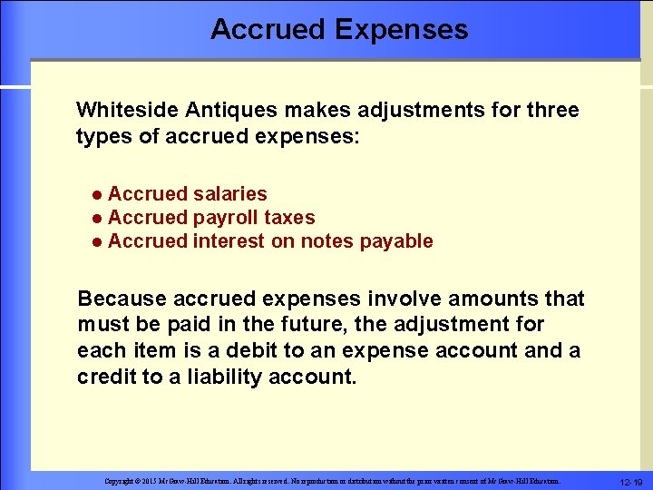 Accrued Expenses Whiteside Antiques makes adjustments for three types of accrued expenses: l l