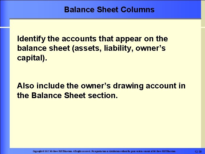 Balance Sheet Columns Identify the accounts that appear on the balance sheet (assets, liability,