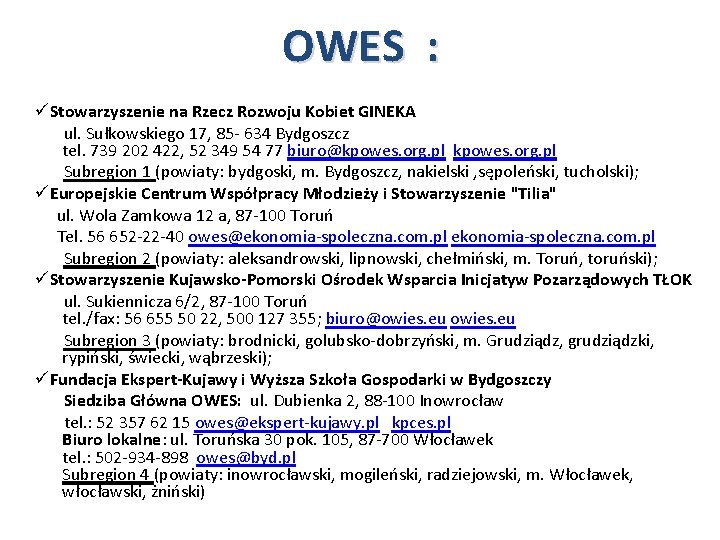 OWES : üStowarzyszenie na Rzecz Rozwoju Kobiet GINEKA ul. Sułkowskiego 17, 85 - 634