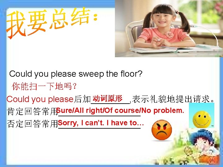 Could you please sweep the floor? 你能扫一下地吗？ 动词原形 Could you please后加____, 表示礼貌地提出请求。 Sure/All right/Of