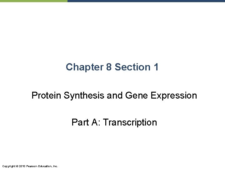 Chapter 8 Section 1 Protein Synthesis and Gene Expression Part A: Transcription Copyright ©