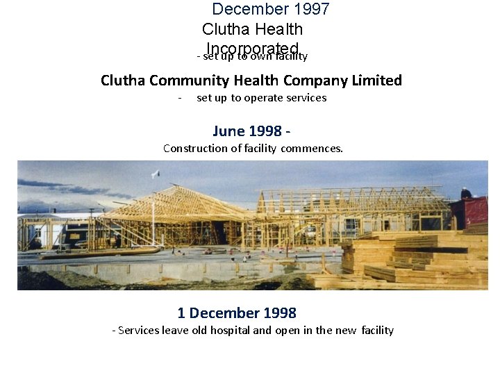 December 1997 Clutha Health Incorporated - set up to own facility Clutha Community Health