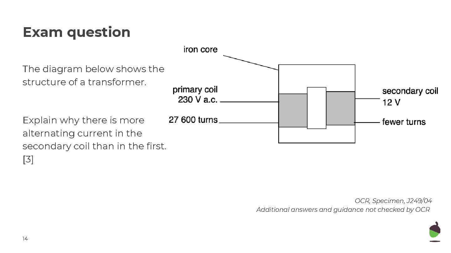 Exam question The diagram below shows the structure of a transformer. Explain why there