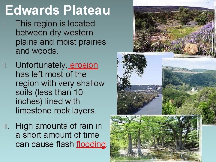 Edwards Plateau i. This region is located between dry western plains and moist prairies