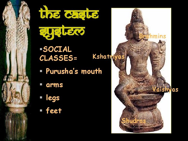 The Caste System §SOCIAL CLASSES= Brahmins Kshatriyas § Purusha’s mouth § arms Vaishyas §