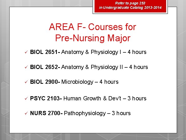 Refer to page 253 in Undergraduate Catalog 2013 -2014 AREA F- Courses for Pre-Nursing