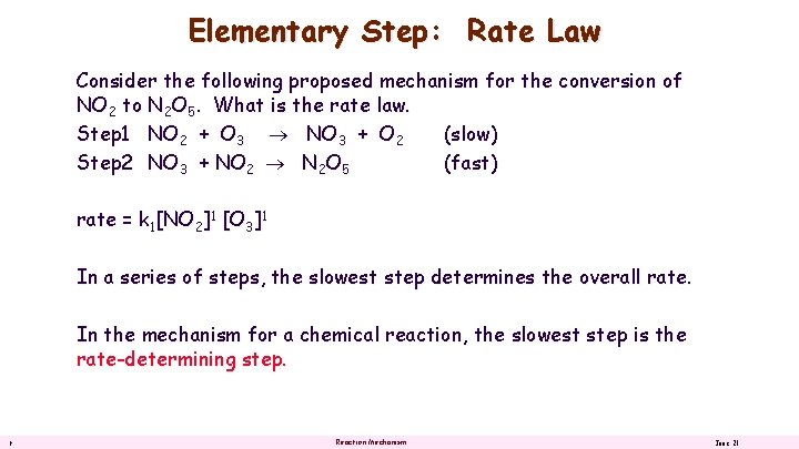 Elementary Step: Rate Law Consider the following proposed mechanism for the conversion of NO