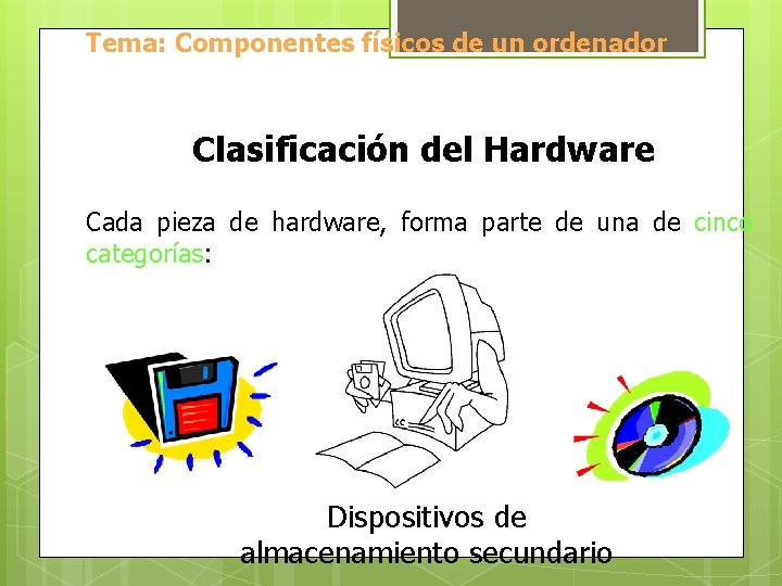 Tema: Componentes físicos de un ordenador Clasificación del Hardware Cada pieza de hardware, forma