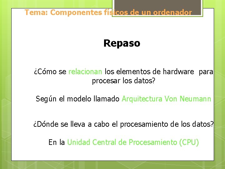 Tema: Componentes físicos de un ordenador Repaso ¿Cómo se relacionan los elementos de hardware