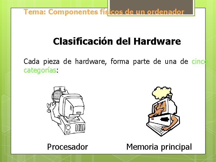 Tema: Componentes físicos de un ordenador Clasificación del Hardware Cada pieza de hardware, forma