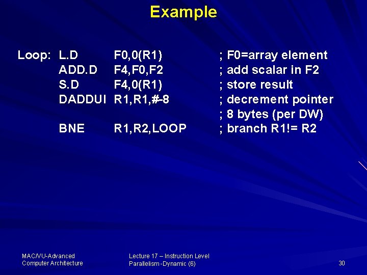 Example Loop: L. D ADD. D S. D DADDUI BNE MAC/VU-Advanced Computer Architecture F