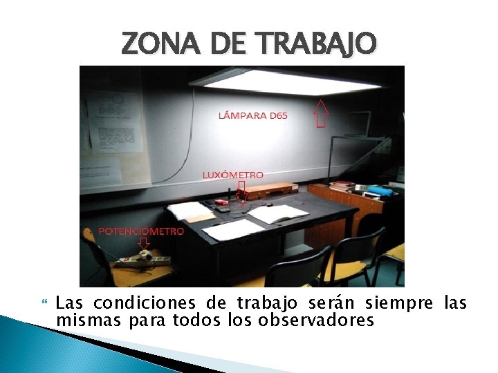 ZONA DE TRABAJO Las condiciones de trabajo serán siempre las mismas para todos los