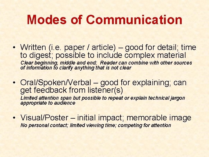 Modes of Communication • Written (i. e. paper / article) – good for detail;
