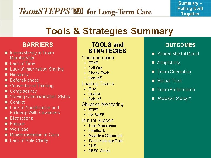 Summary – Pulling It All Together Tools & Strategies Summary TOOLS and STRATEGIES BARRIERS