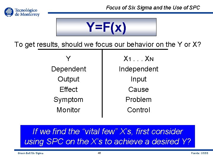 Focus of Six Sigma and the Use of SPC Y=F(x) To get results, should