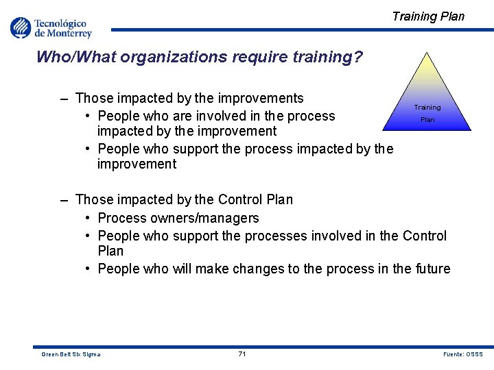 Training Plan Who/What organizations require training? – Those impacted by the improvements • People