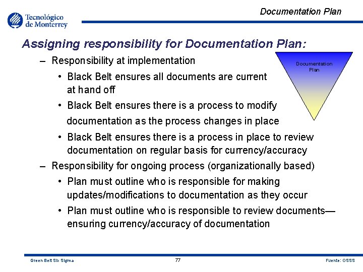 Documentation Plan Assigning responsibility for Documentation Plan: – Responsibility at implementation • Black Belt