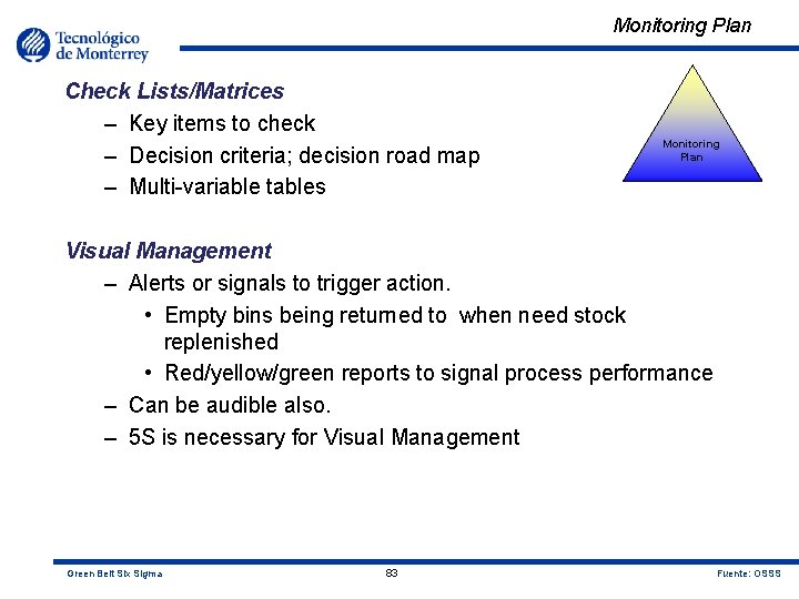 Monitoring Plan Check Lists/Matrices – Key items to check – Decision criteria; decision road