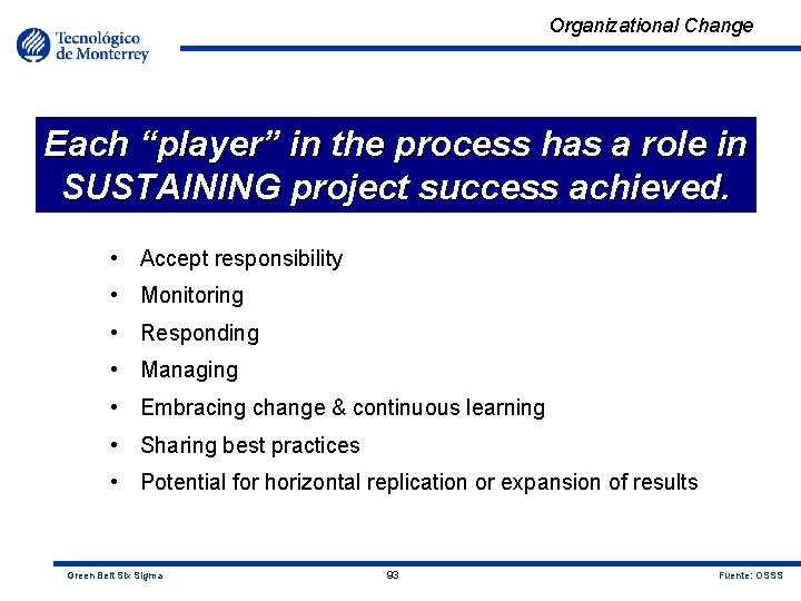 Organizational Change Each “player” in the process has a role in SUSTAINING project success