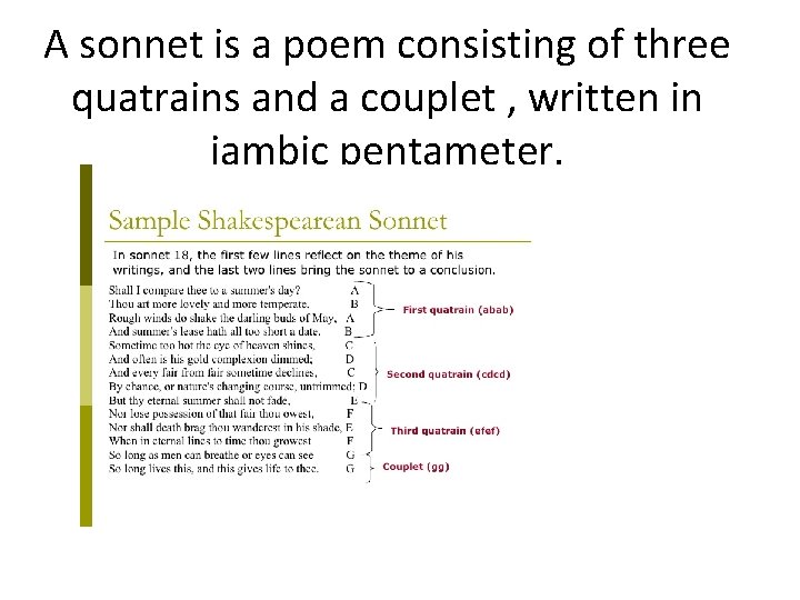 A sonnet is a poem consisting of three quatrains and a couplet , written